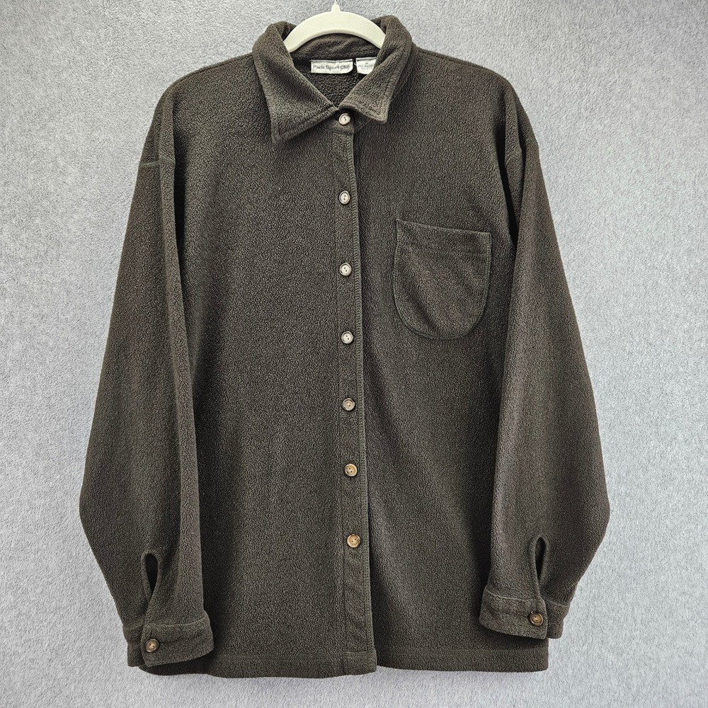 PARIS SPORT CLUB Fleece Shirt Womens M Brown Button Up Pocket VTG 80s Warm Cozy